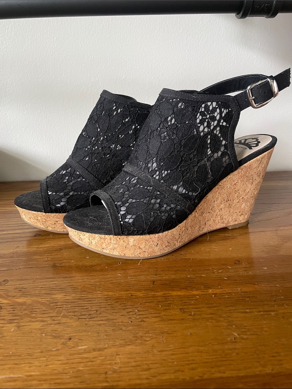 Black Lace Cork Heel Peep Toe Wedge Sandals Size 10